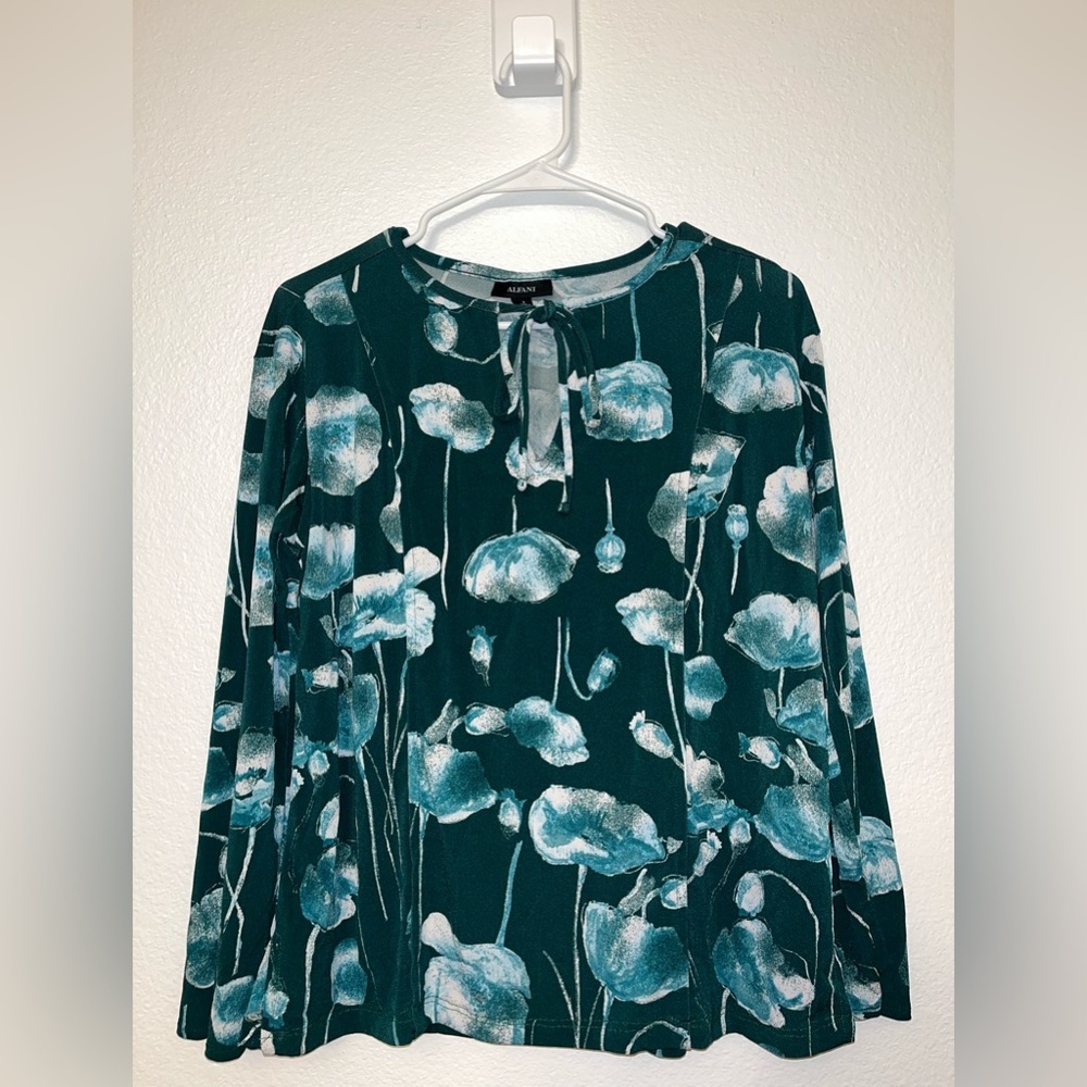 Alfani Teal Floral Tie-Neck Long Sleeve Blouse